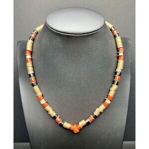 Vintage 1970’s Coil Beaded Shell Heishi & Red Coral Necklace with Amber Bead
